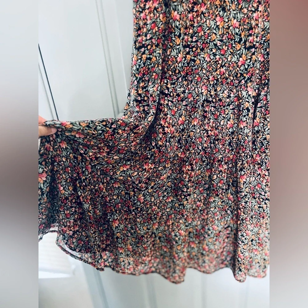 BB Dakota Steve Madden Midi Dress M Black Ditsy Floral Ruffle Tiered Sleeveless